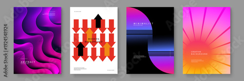 Collection of four diverse modern backgrounds featuring abstract liquid waves geometric arrows minimalist gradients and creative sunburst designs for versatile graphic design projects