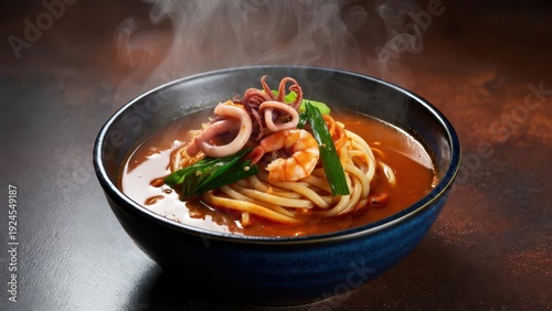 Jjamppong (짬뽕) Spicy Korean Seafood Noodle Soup with Squid and Vegetables