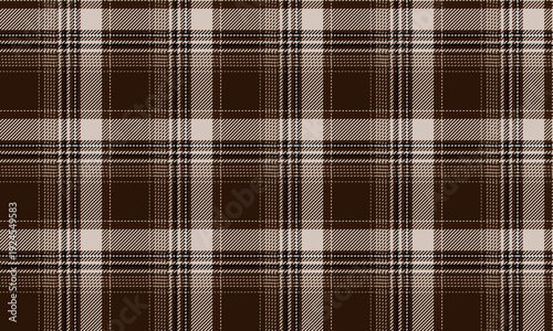 Seamless plaid fabric in beige, brown, white, and black is perfect for fashion design in clothing, skirts, and trousers, conveying simplicity and modernity for any occasion.
