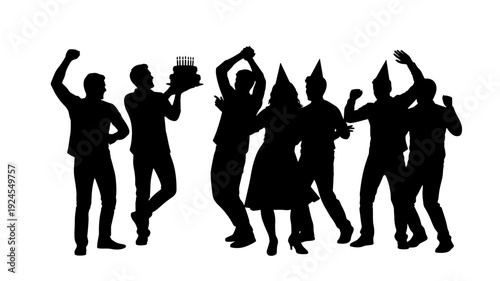 Silhouetted party people dancing with festive hats in dynamic poses under bright lighting for celebration design Transparent Background