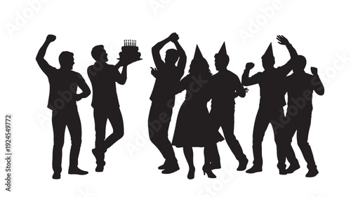 Silhouetted people dancing in joyful celebration with party hats in high contrast black on for party invitation Transparent Background