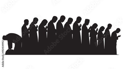 Silhouetted people in contemplative pose with prayer in minimalist black and illustration for spiritual Transparent Background