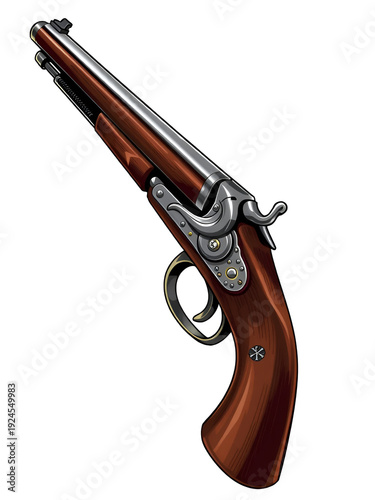 Illustration of a pirate pistol (flintlock) with detailed wooden grip, clean background