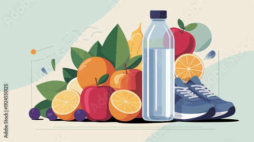Healthy lifestyle concept with water bottle fresh fruits and running shoe on pastel background