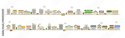Two row town illustration in line style with houses and buildings