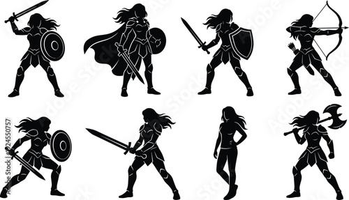 Female Warrior Silhouette Collection Featuring Woman Fighter Poses With Sword Shield Bow and Axe For Fantasy Games Adventure Design and Medieval Vector Art Projects