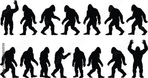 Bigfoot and Sasquatch Silhouette Collection Featuring Mythical Creature Walking Standing and Waving Poses Isolated on White Background for Cryptid Vector Design Projects