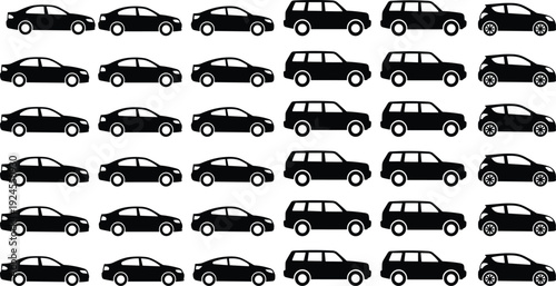 Large bundle of black silhouette icons featuring military fighter jets passenger airplanes helicopters transport vehicles cars and organic landscape trees 