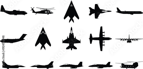 Comprehensive collection of black silhouette icons featuring military aircraft passenger planes helicopters and organic landscape design elements like trees and plants for professional architectural 