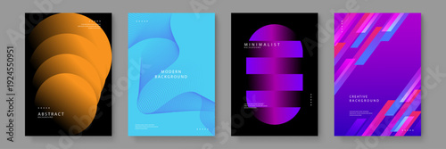 Four unique poster designs featuring orange circular steps blue thin waves purple horizontal bars and diagonal geometric stripes