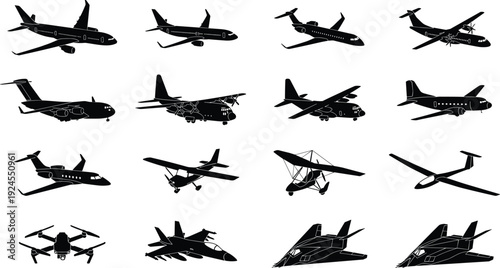 Large collection of black silhouette icons featuring military fighter jets passenger airplanes helicopters cargo transport aircraft and organic landscape trees 