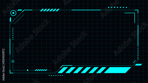 futuristic hud interface frame with cyan neon light elements on dark grid background for gaming and sci fi tech display