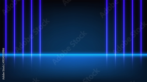 Futuristic neon stage background with blue and purple vertical light pillars and horizontal glowing line on reflective floor for technology and digital presentation