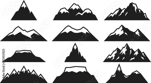 Set of black mountain silhouette icons with snow peaks vector illustration collection for outdoor adventure travel camping logos and nature landscape graphic design