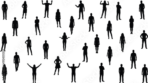 Set of diverse people silhouettes standing in various poses isolated on white background representing community, social interaction, teamwork, workforce diversity and modern society concept