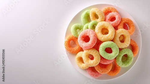 Colorful ring shaped breakfast cereal piled high on a white plate against a light surface