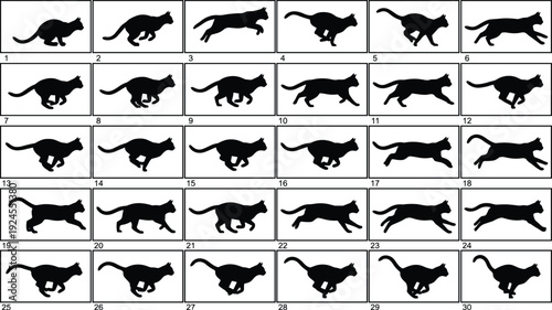 Running cat silhouette animation sequence showing feline motion frames isolated on white background, perfect for pet design, motion study, logo creation and animal movement illustration