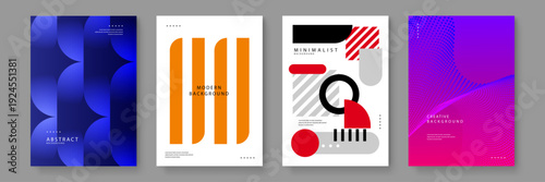 Collection of four abstract geometric background posters with blue orange red and purple color palettes for modern branding and cover design