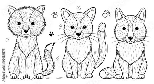 Three adorable cartoon cats sitting and looking forward with cute expressions.