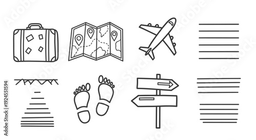 Travel adventure journey with suitcase map airplane footprints and signs.