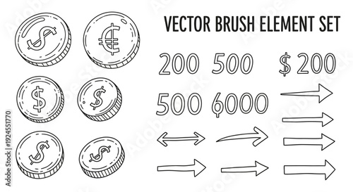 Vector brush element set with coins numbers and arrows.