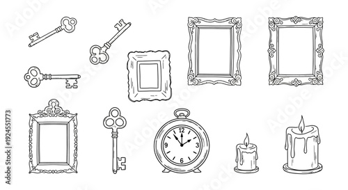 Vintage Hand Drawn Sketch Collection of Ornate Keys, Frames, Clock, and Candles.