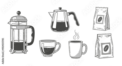Vintage sketch illustration set of coffee items on white background.