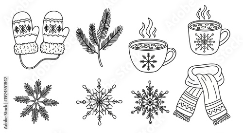 Winter themed illustration featuring mittens, snowflakes, and warm beverages.