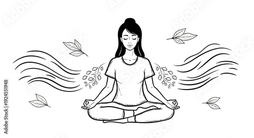 Woman meditating peacefully in lotus position surrounded by nature elements.