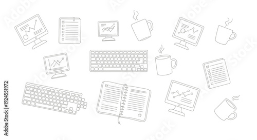 Workplace elements illustration featuring computers keyboards and coffee mugs.