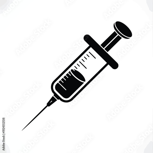 Simple black and white illustration of a medical syringe for injections