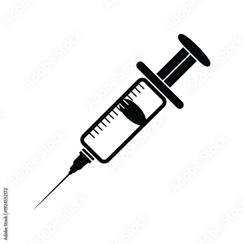 Simple black and white illustration of a medical syringe for injection