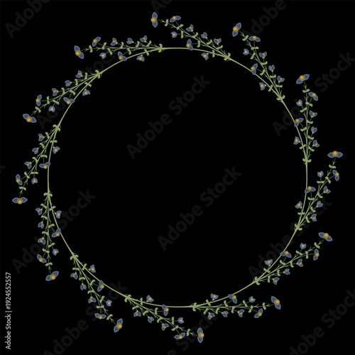 Round floral frame with blooming branches. Circular botanical border. Folk style. On black background.