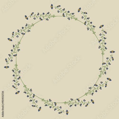 Round floral frame with blooming branches. Circular botanical border. Folk style.