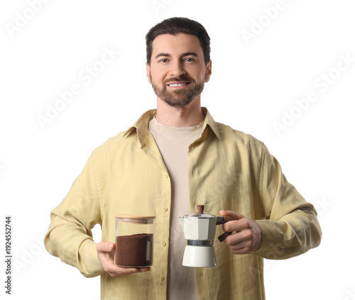Young man with geyser coffe...