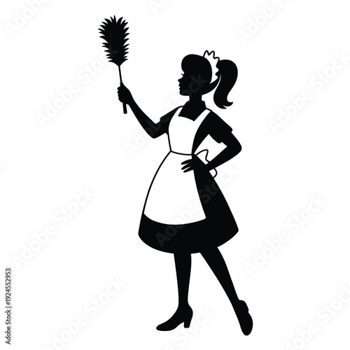 Silhouette of a woman holding a duster cleaning concept illustration