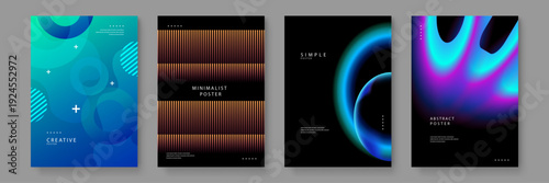 A premium set of four futuristic posters featuring fluid gradients glowing shapes and high contrast dark backgrounds
