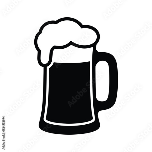 Simple black and white illustration of a full beer mug with foam