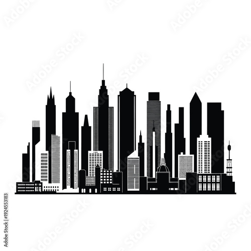 Striking black and white silhouette of a modern city skyline