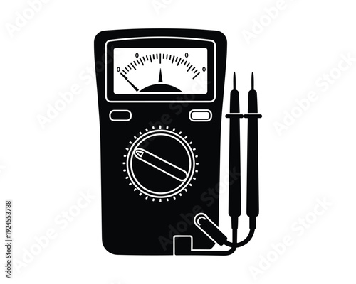 Analog multimeter vector illustration, electrical measuring instrument with needle and probe for voltage, current, and resistance testing.