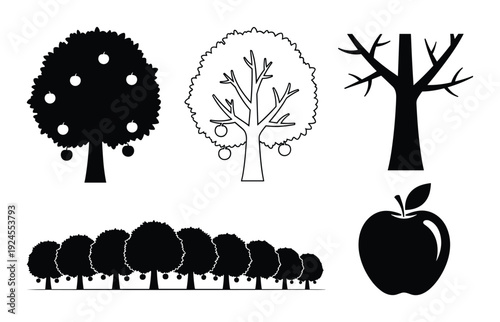 Apple trees silhouettes set with fruit and bare branches, orchard row, and single apple icon
