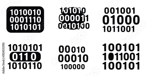 Binary code blocks showing patterns of ones and zeros in a set of six isolated images.