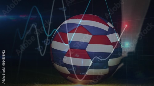 Patterned soccer ball sitting as cleat foot shifting and striking, sending ball right, wave pulsing