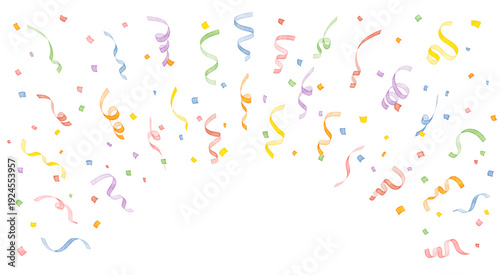 Watercolor confetti and curling ribbon background with lower center copy space