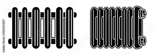 Black and white radiator illustration featuring classic and modern design variations, showing heating element details