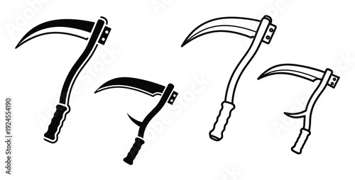 Black and white scythes vector illustration in varying sizes and styles on a white background