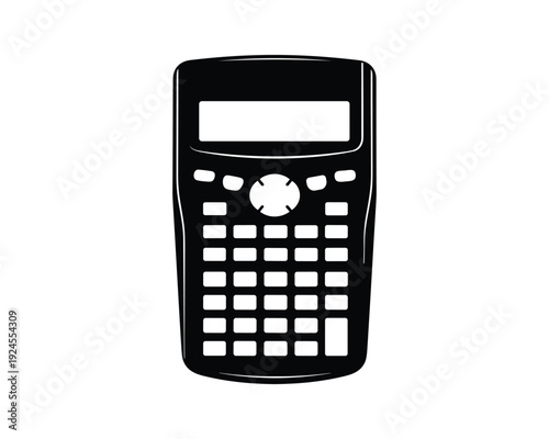 Black calculator icon, electronic calculator, mathematical tool with display and keys, for calculating simple math