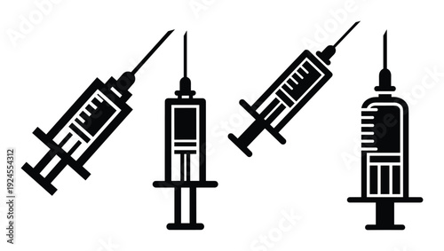 Black syringes vectors set, injecting tool, and medical equipment for healthcare and vaccination use.