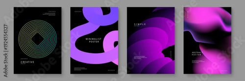 Collection of four modern posters featuring fluid neon gradients and abstract geometric line art on a dark background