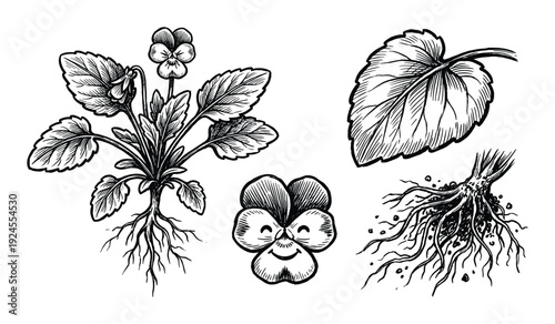 Botanical drawing of viola plant with flower, leaf, roots and smiling flower head vector illustration